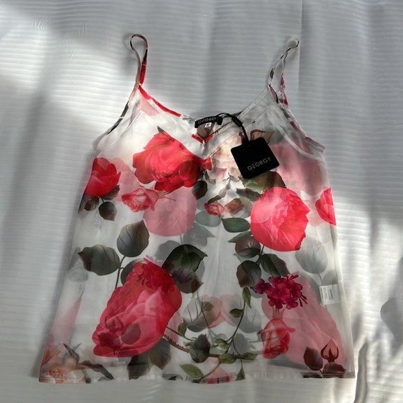 NWT Georgy sheer white top with floral print. Size small. - Picture 2 of 4